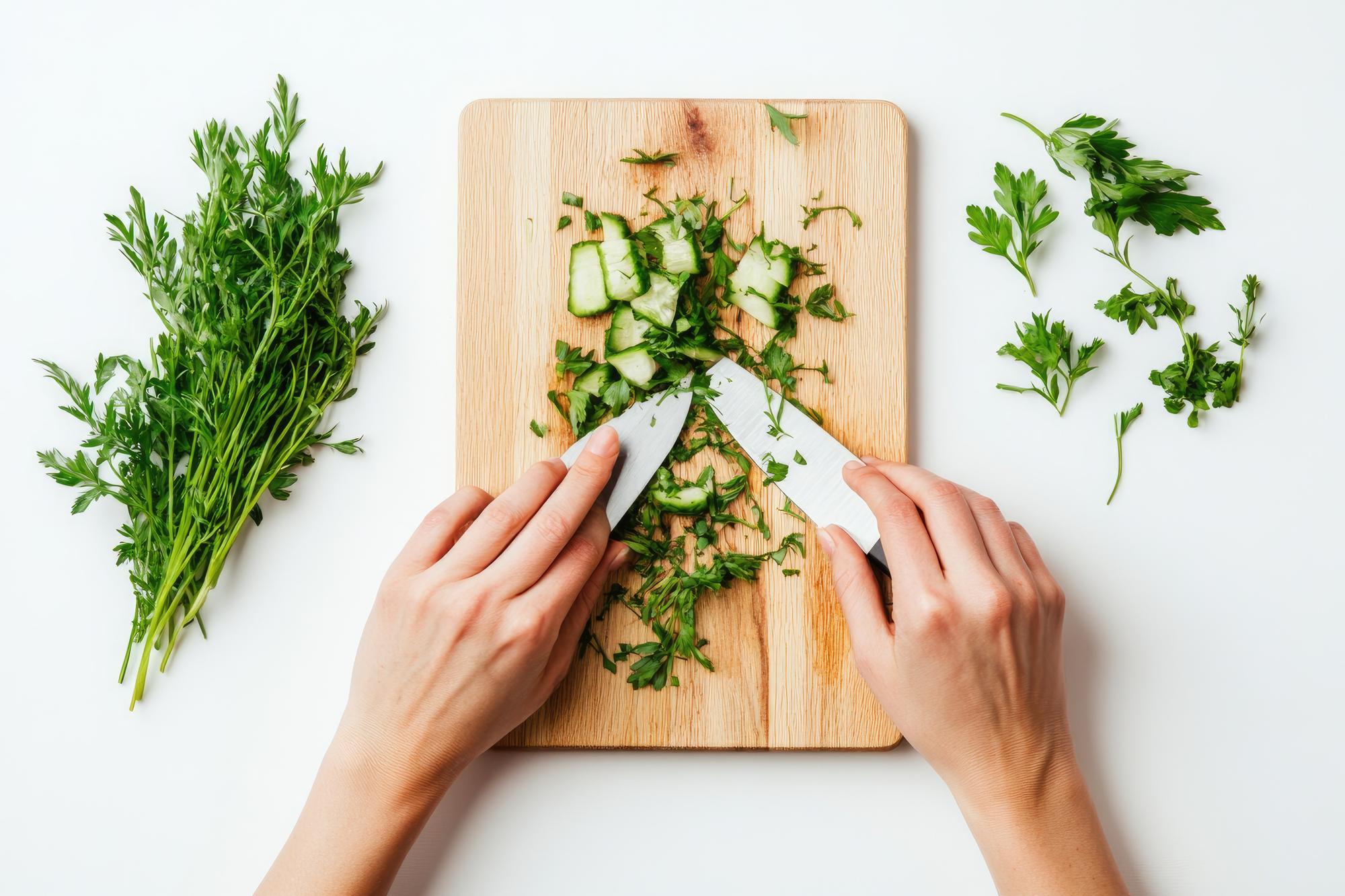 Hands slicing fresh herbs above a cutting board